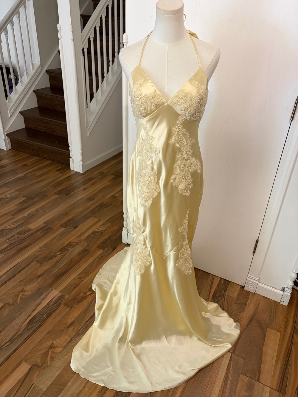 Butter Yellow Satin Open Back Evening Dress Floral Sparkle Appliqués, Large